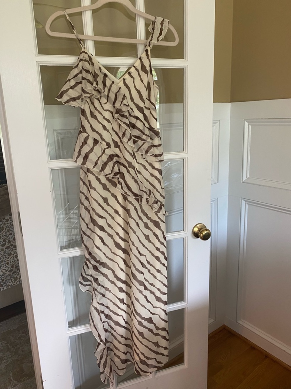 One-Shoulder Ruffle Maxi Dress in Beige and Brown
